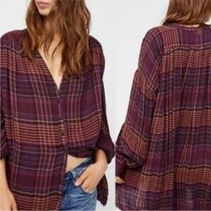 Free People Burgundy Plaid Button-Up Women’s Top